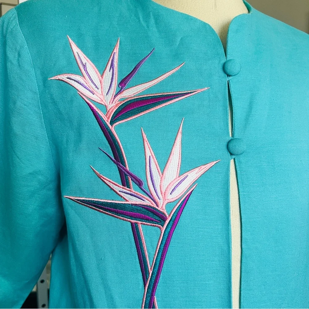 VTG Bob Mackie Wearable Art Jacket Turquoise SZ L Linen Blend Floral Retro - Picture 5 of 9